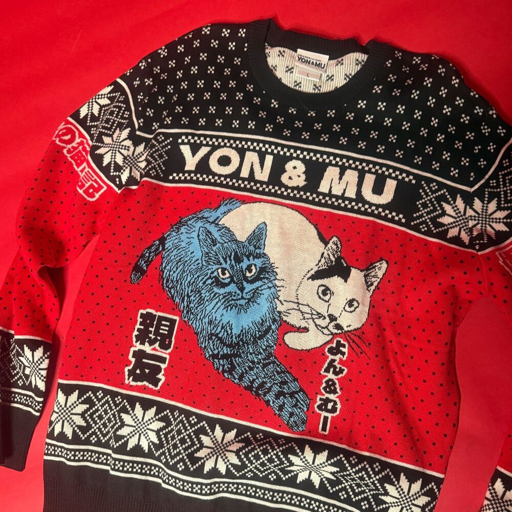 Junji Ito “Yon & Mu” Cat Diary Sweater – Size L – Rare Holiday Knit – Red/Black
